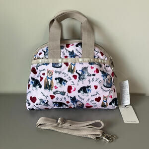 Pink Cat Print Shoulder Bag with Beige Trim